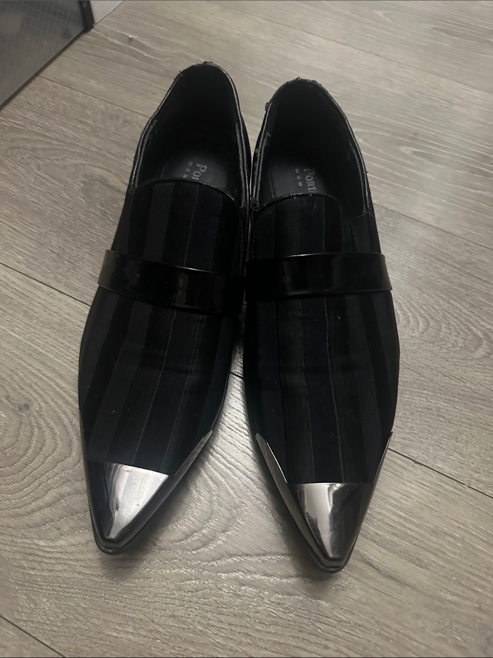 Black Pointed Slip-On Loafers with Metallic Toe - Picture 1 of 5